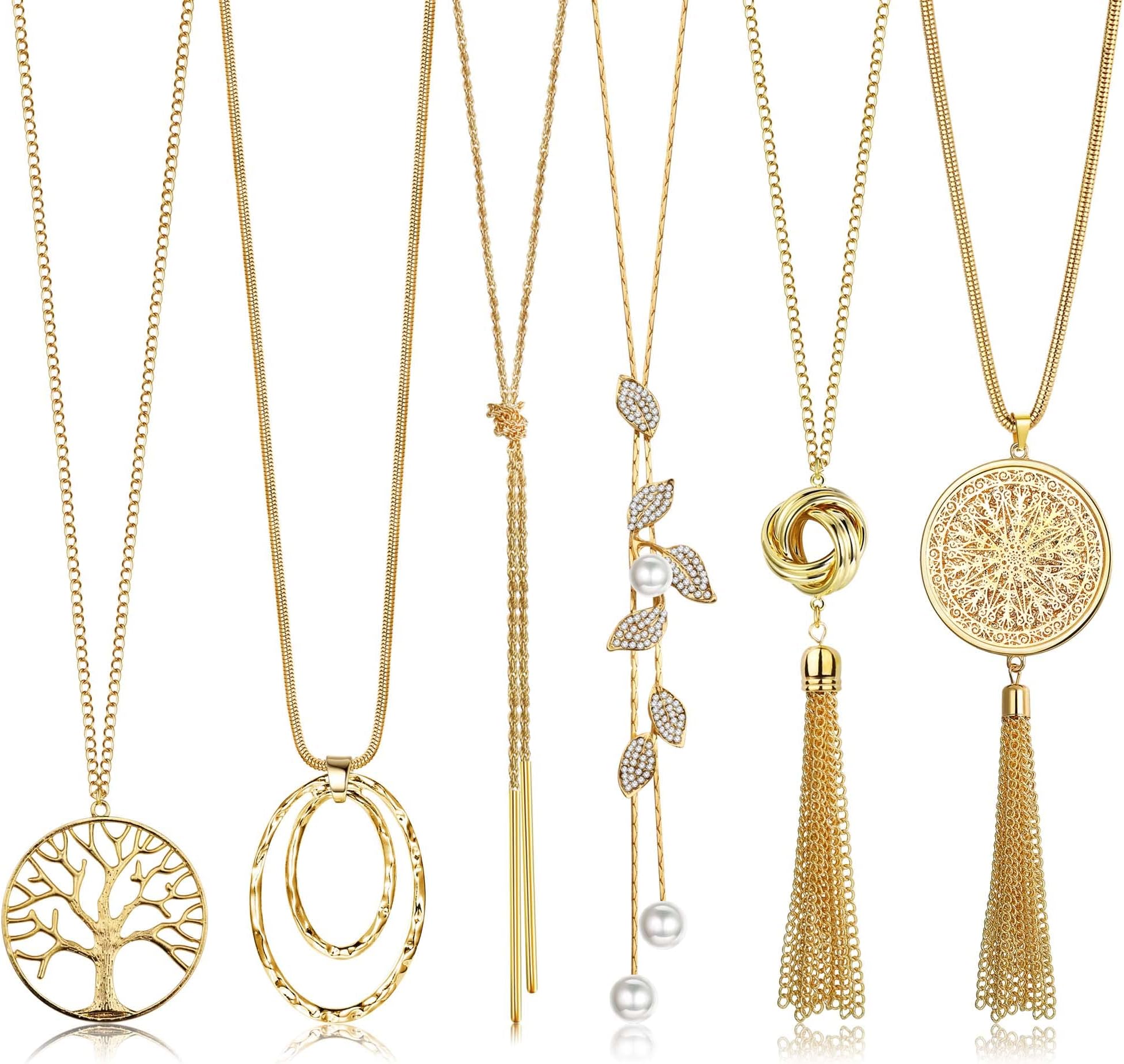 6Pcs Long Necklaces for Women Tassel Pendant Necklace Circle Knot Bar Feather Leaf Sweater Necklace Statement Necklace for Women