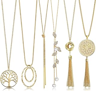 HAIAISO 6Pcs Long Necklaces for Women Tassel Pendant Necklace Circle Knot Bar Feather Leaf