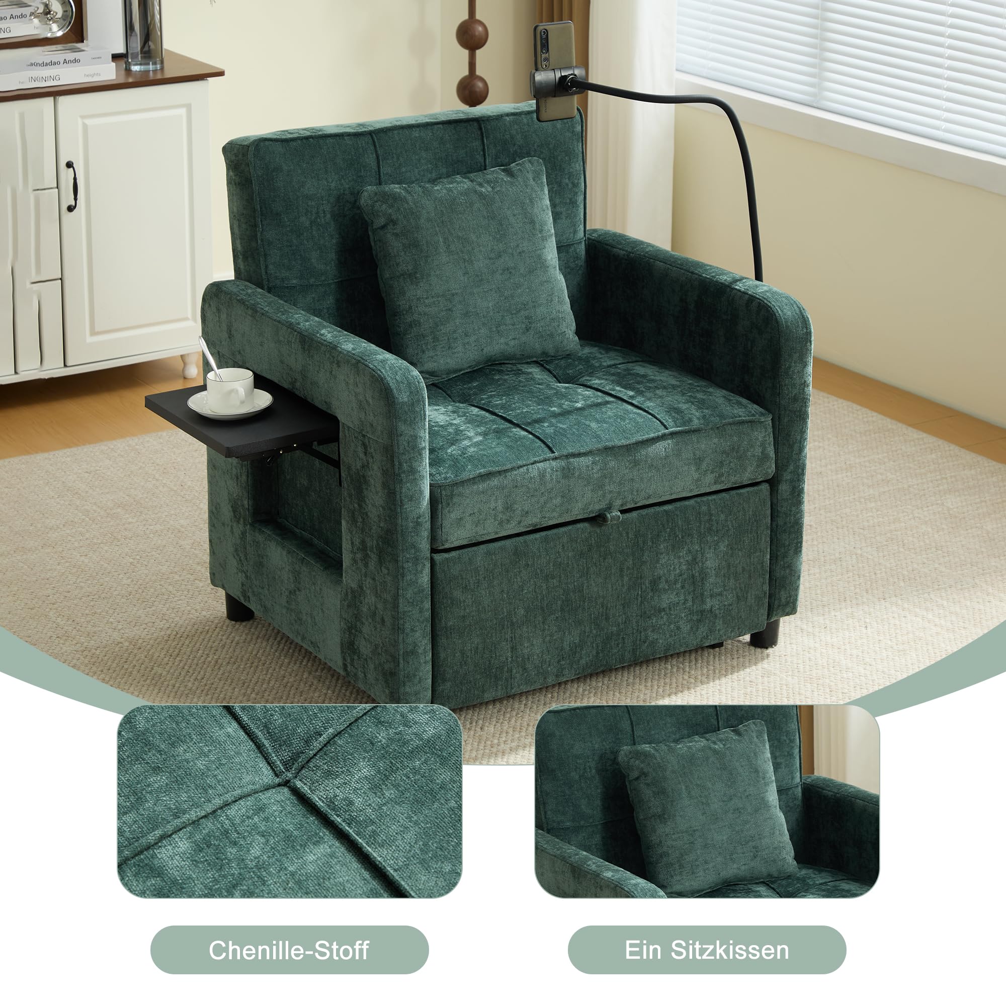 Generisch Poltrona letto 2 in 1 in ciniglia verde, divano letto singolo con cuscino, tasche laterali e vassoio, schienale regolabile in 5 posizioni, portata 150 kg, per soggiorno, camera da letto
