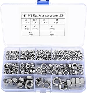 Lock Nuts, 388 Pcs Hex Nuts Assortment Kit, Metric Stainless Steel Lock Nut Assortment Set for Screws Bolts Lock Hex Hardware Nuts, M2 M2.5 M3 M4 M5 M6 M8 M10 M12