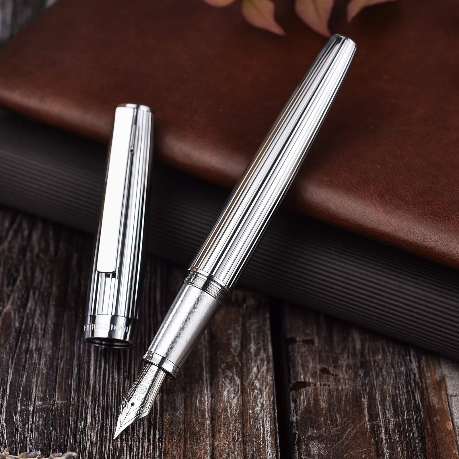 Hongdian 1845 Stylo-plume à pointe fine, rayures argentées, instrument d'écriture solide avec étui à stylo