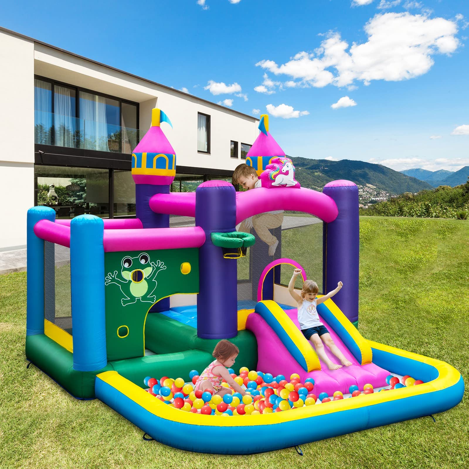 DREAMADE Einhorn Aufblasbare Hüpfburg mit 680 W Gebläse, Wasserpark mit Planschbecken & Rutsche & Springbereich, Spielburg mit Reparaturset & Tragetasche, Hüpfschloss 390 X 330 X 270 cm (mit Gebläse)