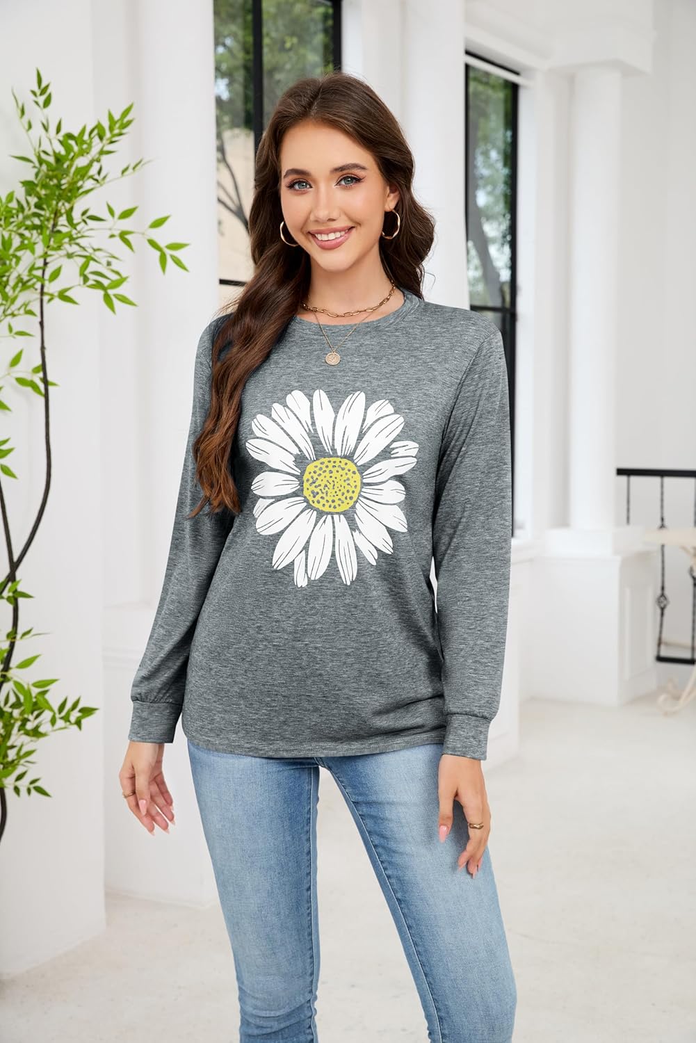 Womens Sunflower Graphic Long Sleeve Casual Cotton Tee Tops Fashion Floral Printed Crewneck Tees Shirt - Image 3