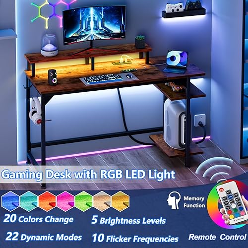 Miniatura 2 de Furologee Escritorio con tomas de corriente y luces LED, escritorio de oficina para computadora de 47 pulgadas con estantes y cajón de tela, mesa de