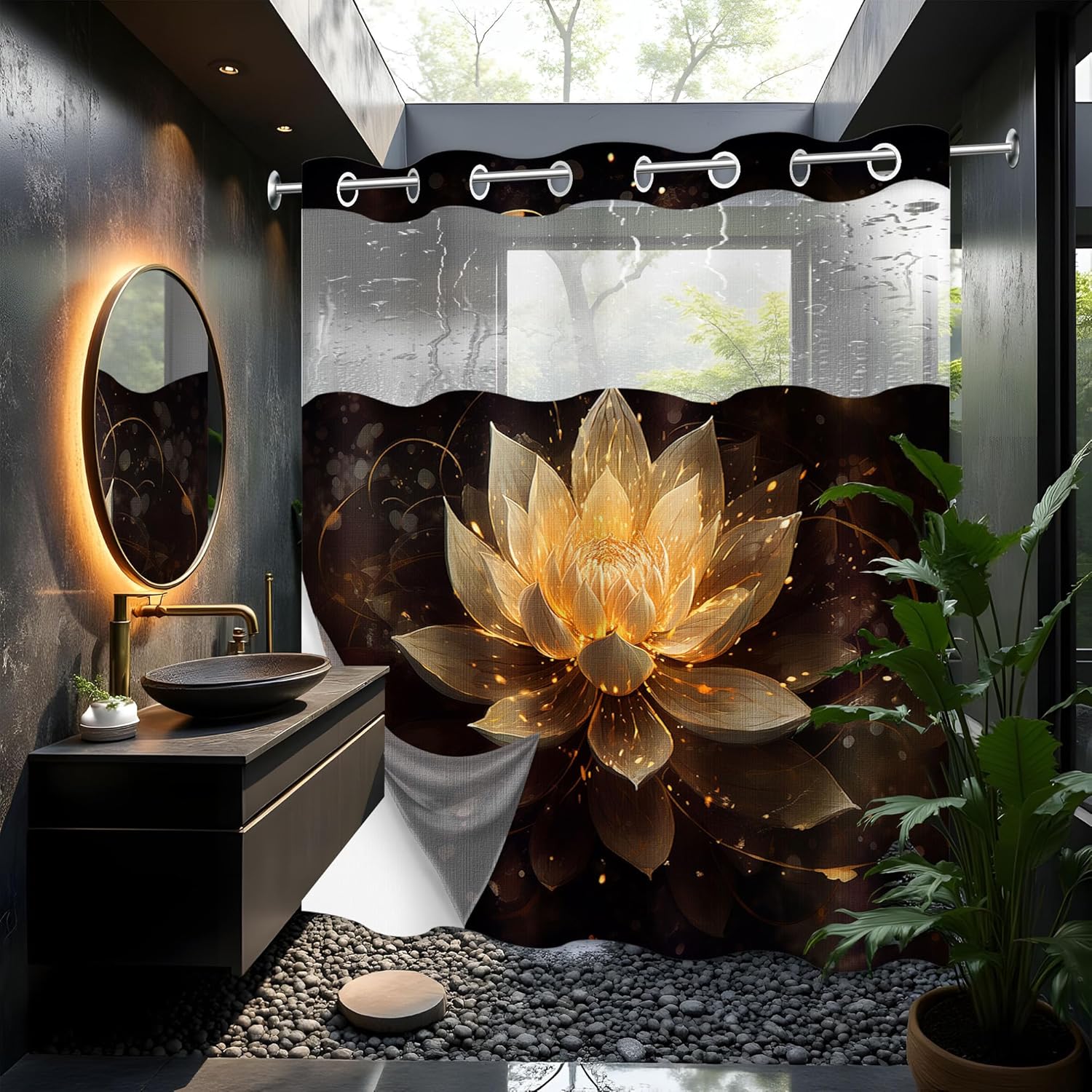 Lotus Hookless Shower Curtain with Snap in Liner, Black and Gold Spa Zen Spiritual Golden Floral No Hook Double Layer Shower Curtain and Liner Set, Waterproof Cloth Fabric, 60″ W X 74″ L