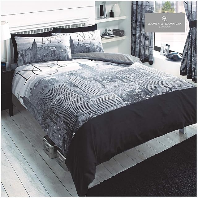 Gaveno Cavailia Poly Cotton Modern Printed NYC Set with Duvet Cover and Pillow Case Grey/Black Single, Polyester, Multi