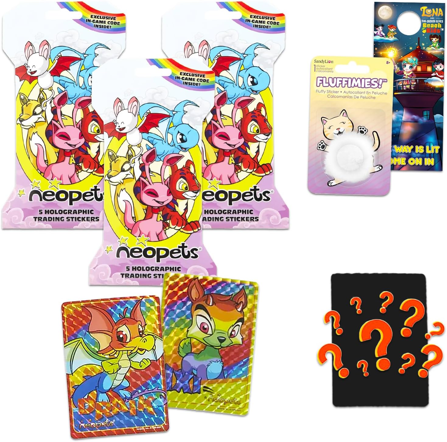 Neopets Holographic Sticker 3 Pack - Bundle with 3 Trading Card Blind Bags with in Game Codes Plus Stickers, More | Premium Collectible Neopets Character Cards for Kids