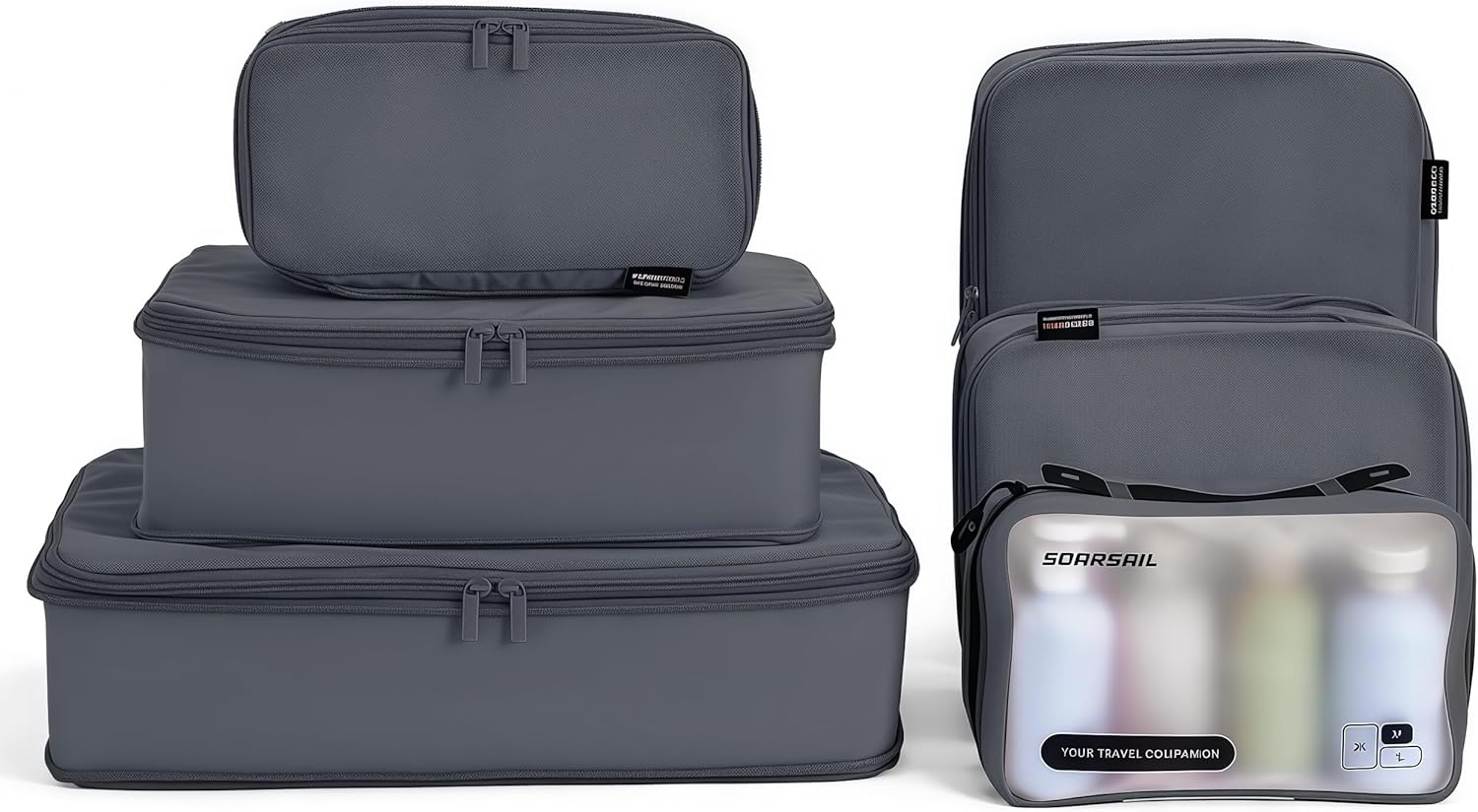 6 Set Compression Packing Cubes for 7–14 Day Travel, Durable Nylon Oxford Luggage Organizers with IP6X Waterproof Toiletry Bag, Expandable Suitcase Packing System (Charcoal Gray)