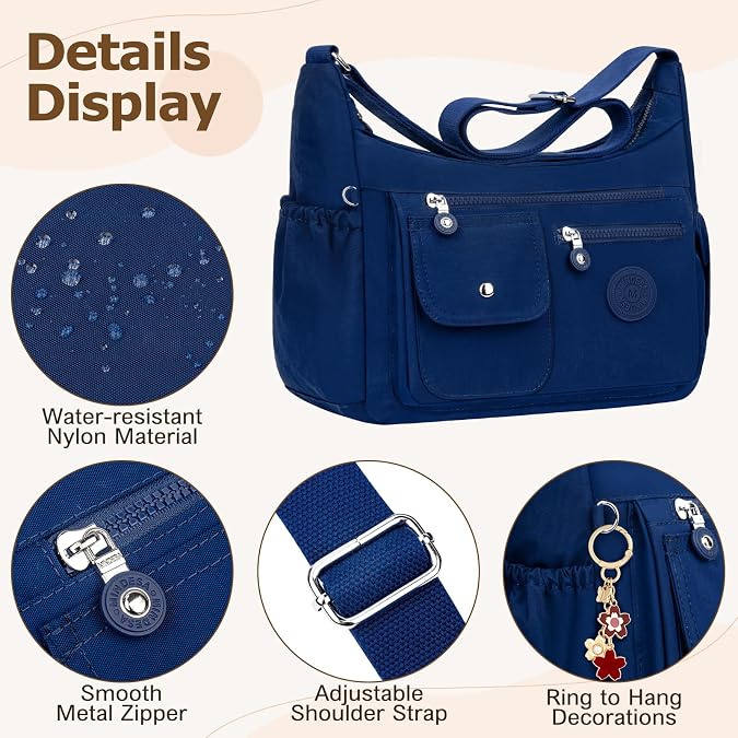 Womens Shoulder Bag Multi Pockets Crossbody Bags for Women Travel Handbag with Adjustable Shoulder Strap Nylon Cross Body Bag Waterproof Messenger Bag for Shopping Hiking Travel