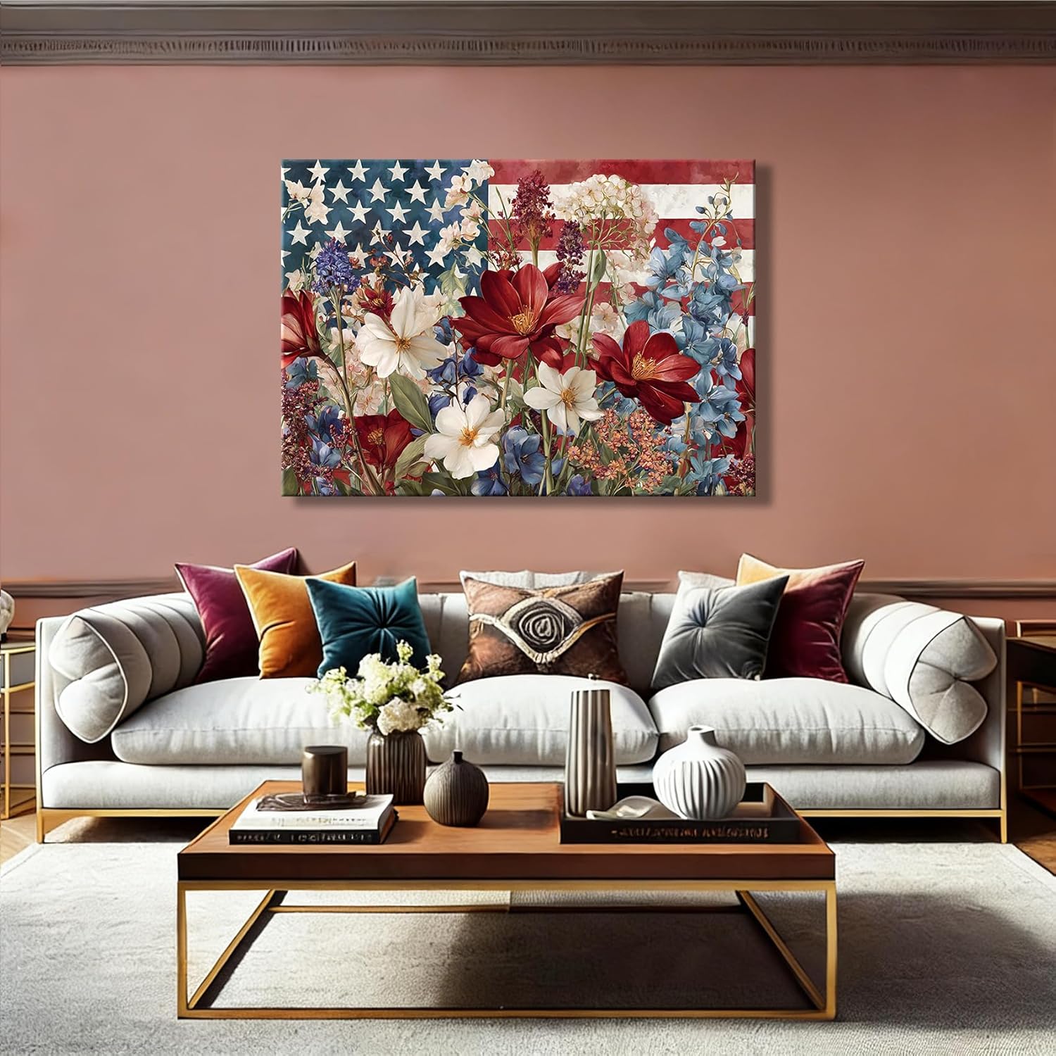 Patriotic Floral American Flag Framed Canvas Wall Art, 4th of July Wildflower Pictures, Independence Day Canvas Prints for Living Room, Bedroom, Kitchen, Farmhouse, Home Wall Decor