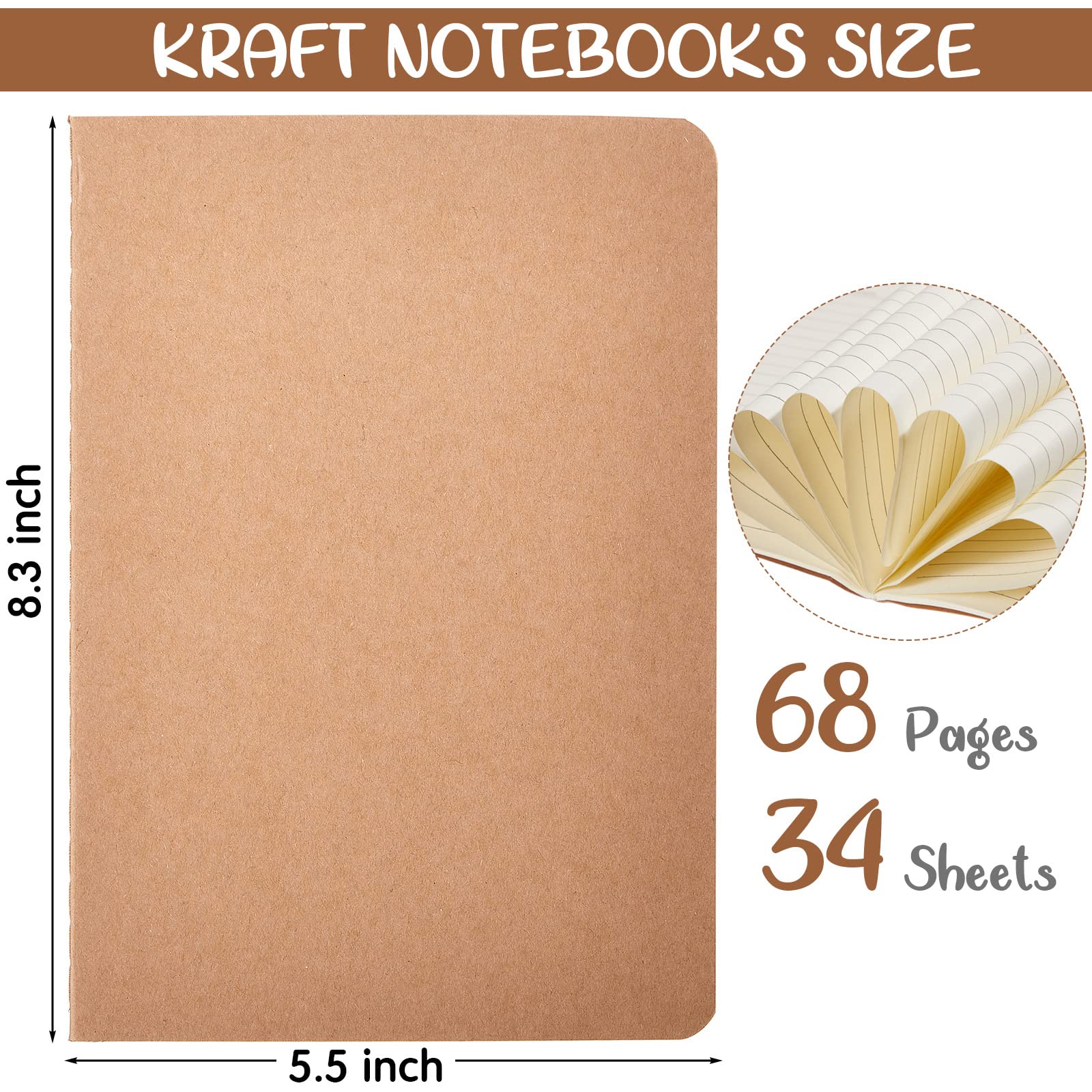 Epakh Confezione da 48 quaderni in carta kraft, formato A5, 20,3 x 14,9 cm, per viaggiatori, studenti, diari di scrittura, forniture per ufficio e scuola, 68 pagine, 34 fogli (a righe/vuoti)