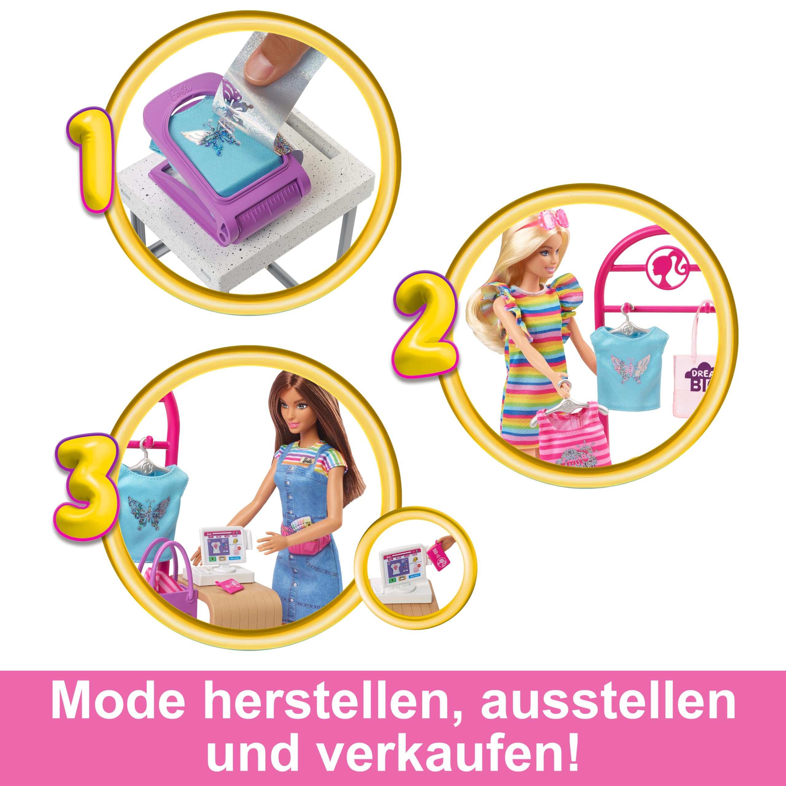 Barbie Mode-Boutique Spielset - Foliendesigns Puppe, über 150 originelle Looks, inklusive 2 Oberteile und 5 Folienblätter, Kleiderständer und Kreditkartenlesegerät, ab 3 Jahren, HKT78