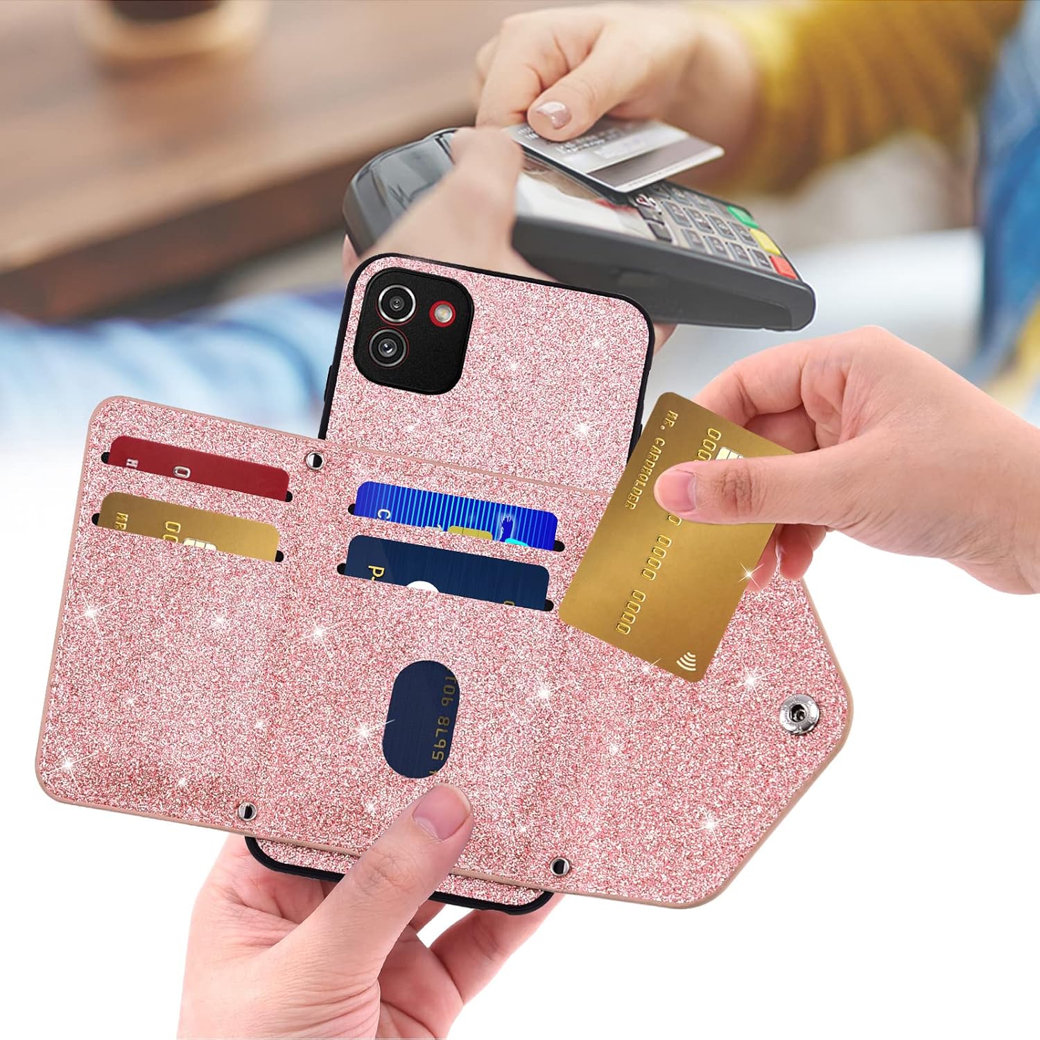 Asuwish Phone Case for Samsung Galaxy A03 Wallet Cover with Tempered Glass Screen Protector and Crossbody Strap Lanyard Bling Glitter Credit Card Holder Stand Cell Accessories A 03 03A Ao3 Pink image 3
