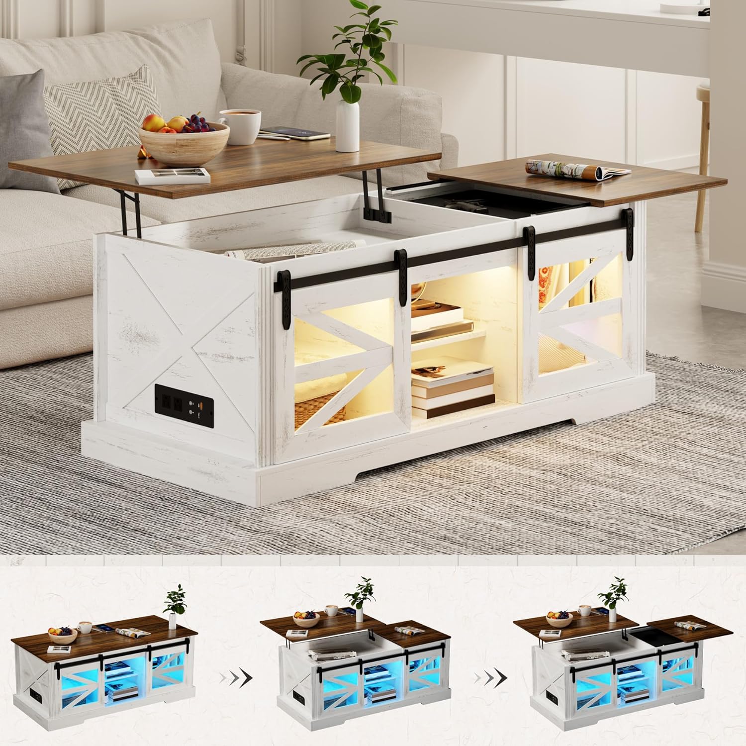 Lift Top Coffee Table with Gun Cabinet, 2 Sliding Barn Doors-Large Storage and 3 Color LED Lights fit Modern Rectangular Rustic Living Room Center Table(White)