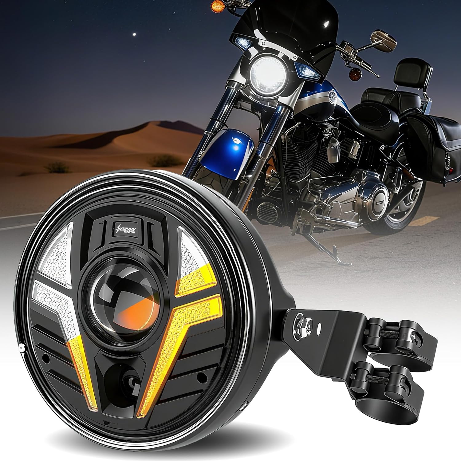 7 Inch LED Headlight Projector Compatible with Touring, Street Glide, Road King, Electra Glide - White/Amber Whirlwind Halo DRL, High/Low Beam for Softail Heritage
