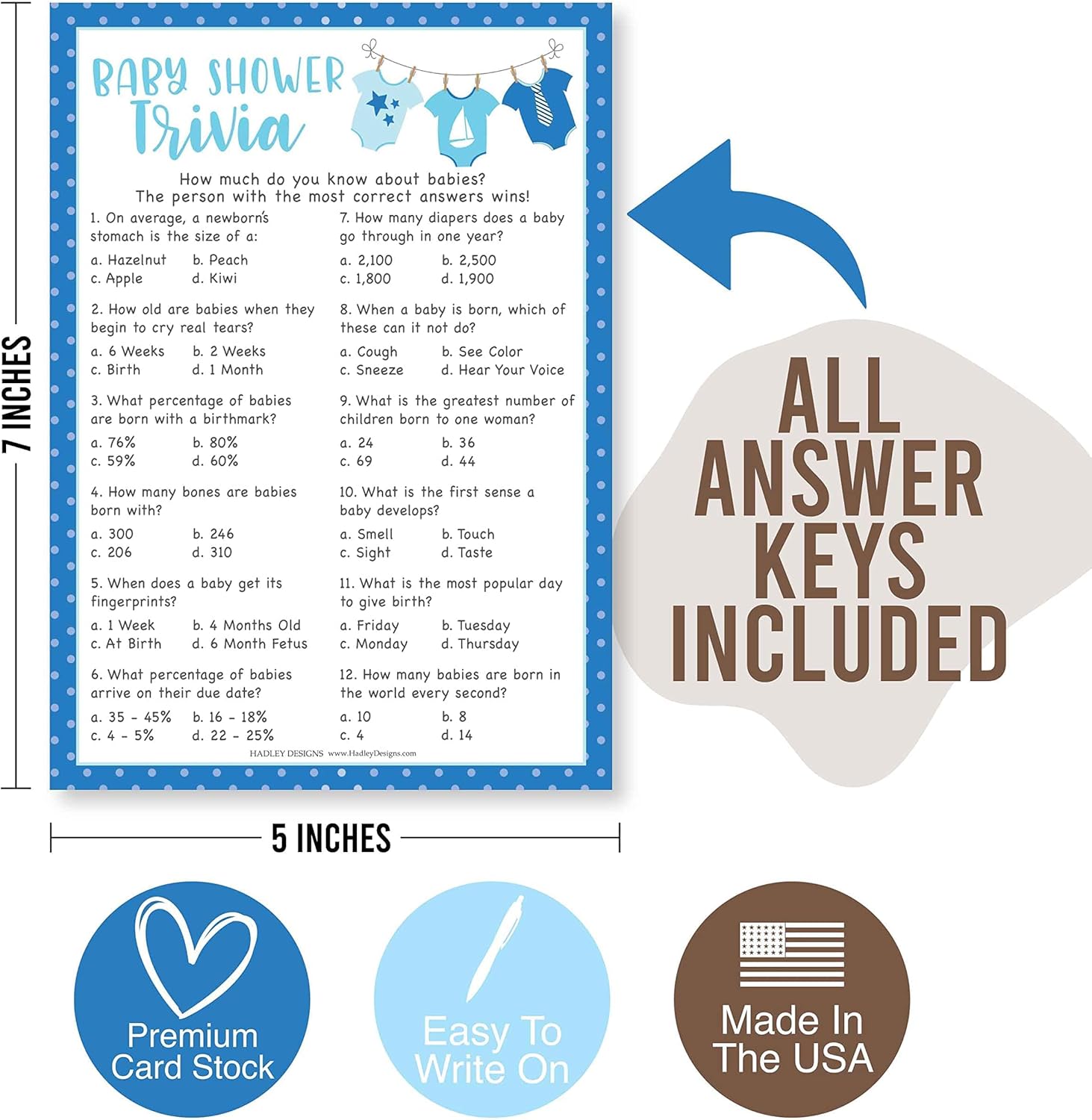 Hadley Designs 25 Blue Word Scramble for Baby Shower, 25 True Or False Game, 25 Trivia Game, 25 Find The Guest, 25 Baby Animal Matching, 25 Nursery Rhyme Game - 6 Double Sided Cards Baby Shower Ideas