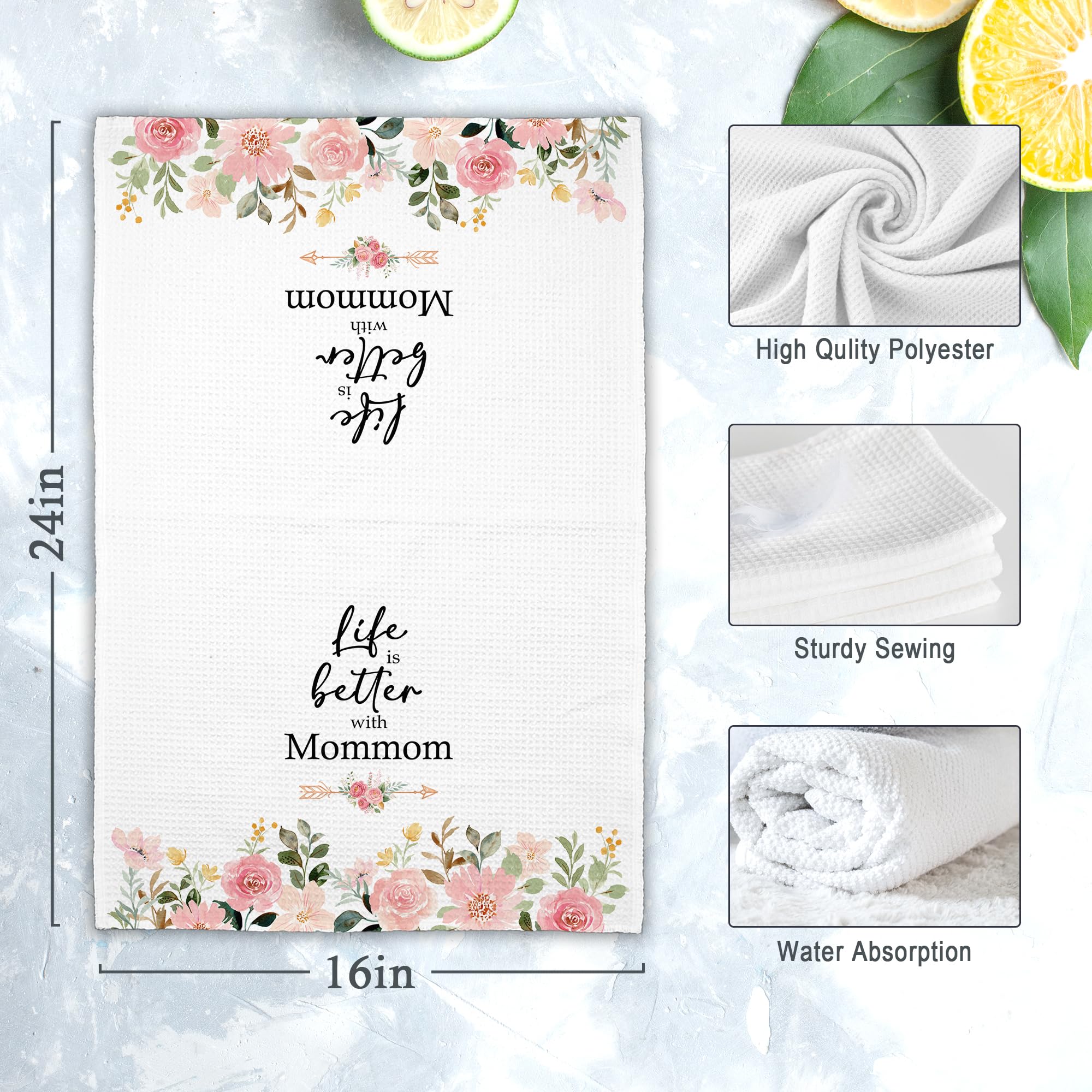 Mommom Grandma Kitchen Towels Gifts, Life is Better with Mommom Gifts for Birthday Mother's Day, Pink Floral Rose Peony Hand Towels Decor for Bathroom, Rustic Dish Tea Bar Towel Home 16x24in