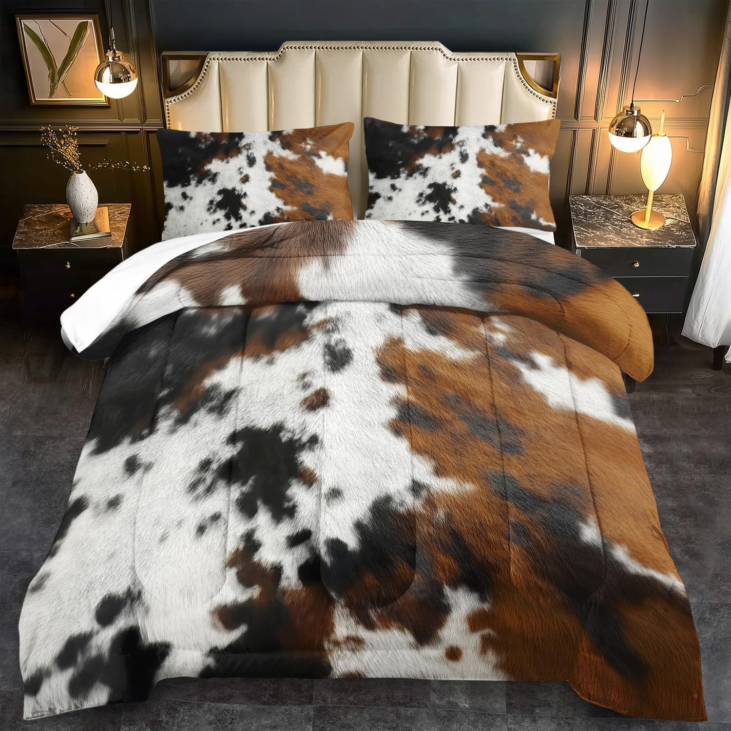 Western Comforter Set King,Cow Print Bedding Set Brown,Western Bedding King,Farmhouse Quilt for Teen,Black Brown Bedroom Decor Boys,Farmhouse Decor for Bed - Image 2