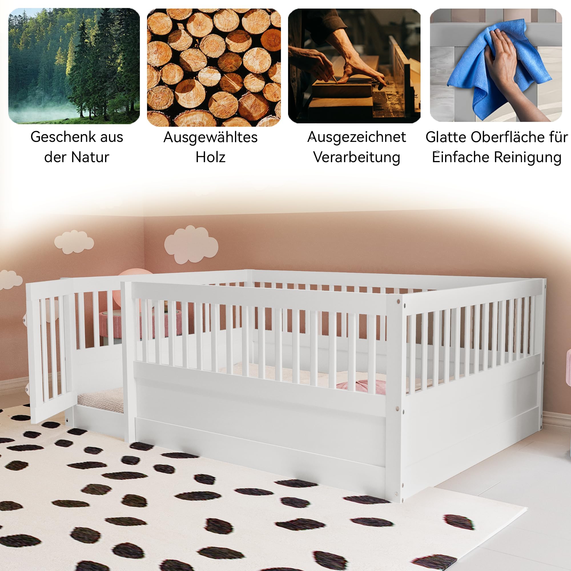 Kinderbett 140x200 cm, Montessori Bodenbett aus Holz mit Gitter und Tür, Kinder Bettgestell mit Rausfallschutz, Niedriges Holzbett für Kinderzimmer, Jungen Mädchen, Weiß