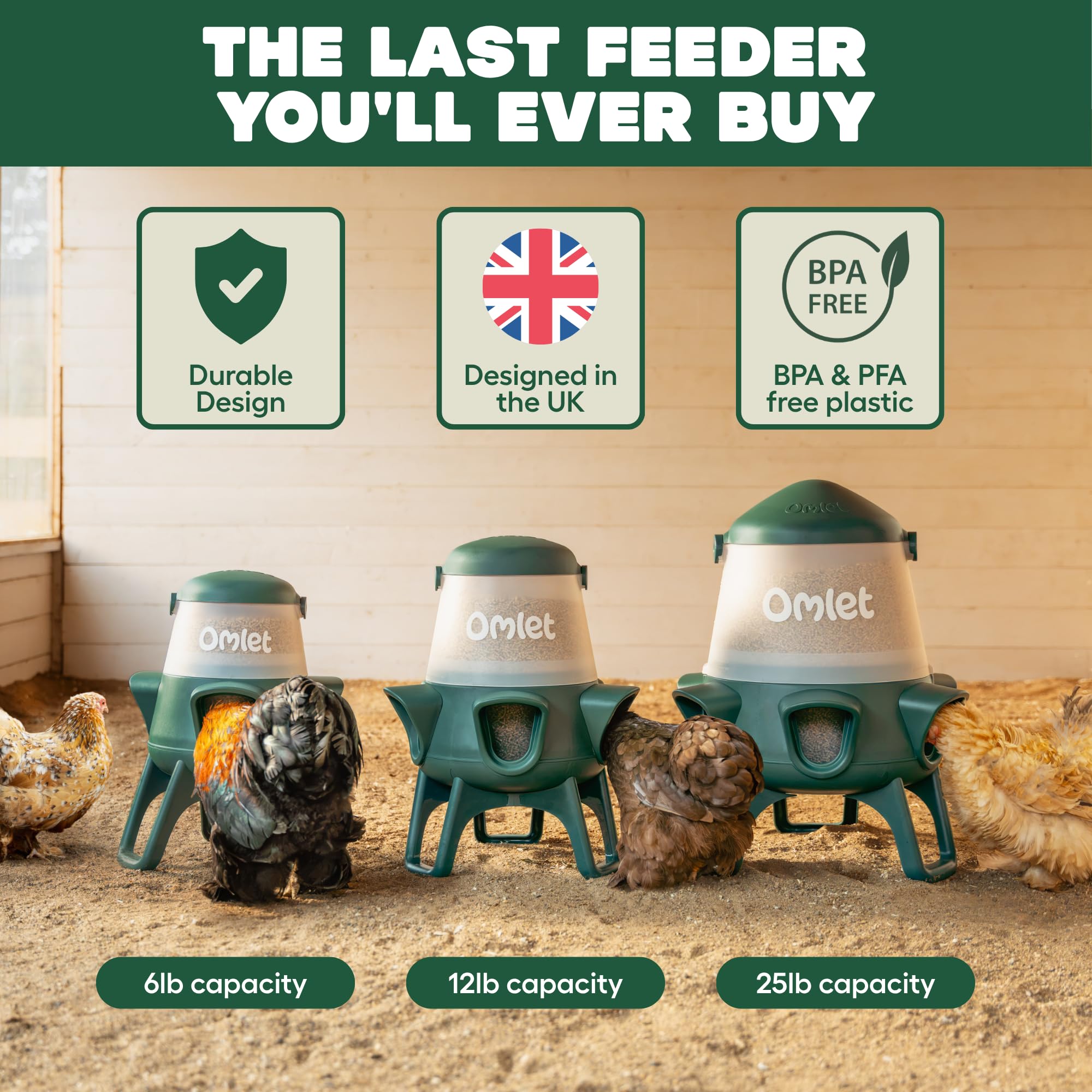 Omlet Comedero de pollo sin residuos para gallinero, comedero antiderrame para aves de corral con 3 puertos de alimentación, colgante o de pie, resistente a la intemperie, 2,5 kg