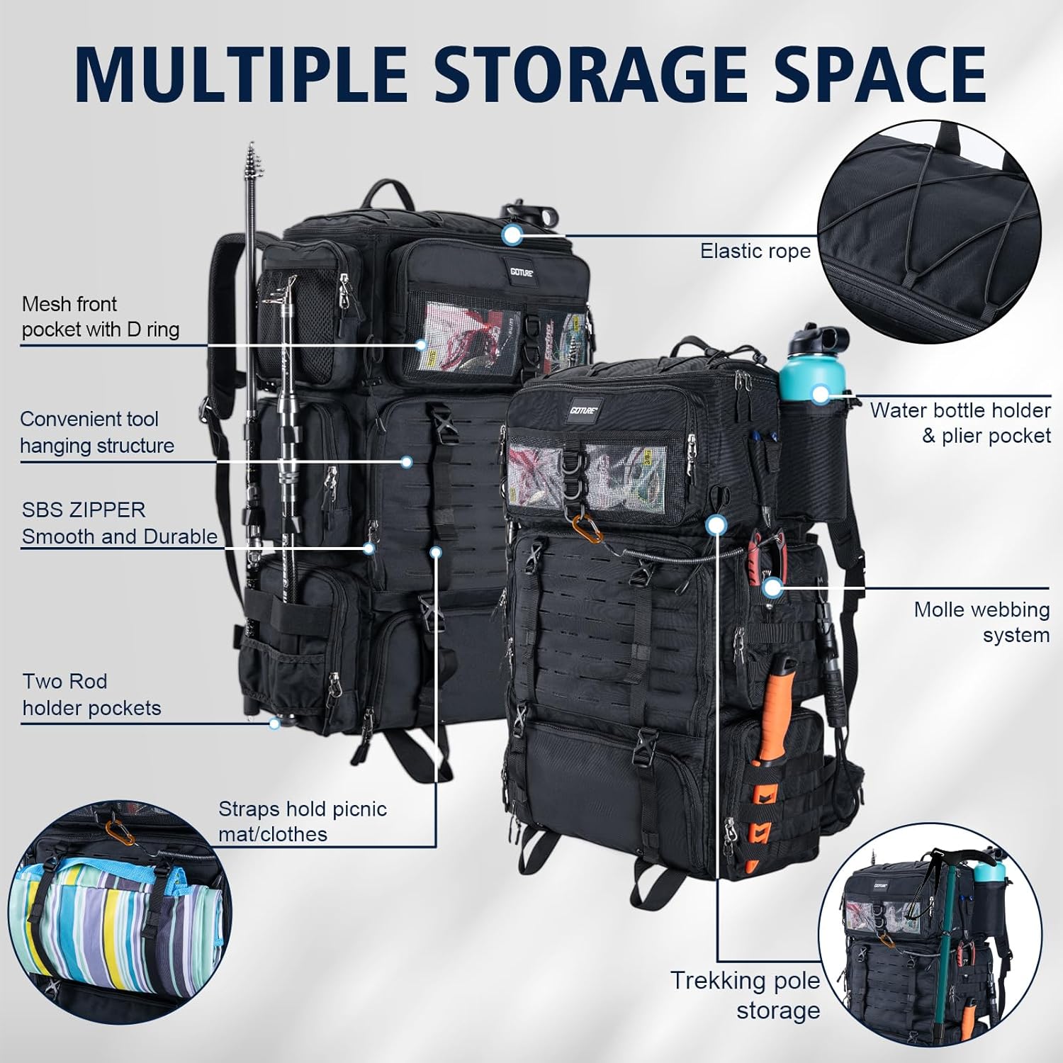 Goture Fishing Backpack with Cooler, 72L 600D Tackle Backpack Included 4 3700 Tackle Boxes, Dry & Wet Split Compartment, Large Fishing Tackle Bag with Rod Holders,Rain Cover for Travel Camping Hiking