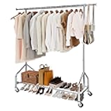 Heavy Duty Clothes Rack, Rolling Garment Rack with Lockable Wheels, Adjustable & Extendable Metal Clothing Rack Shelves with Bottom Shelf, Max Load 450LBS for Hanging Clothes, Chrome