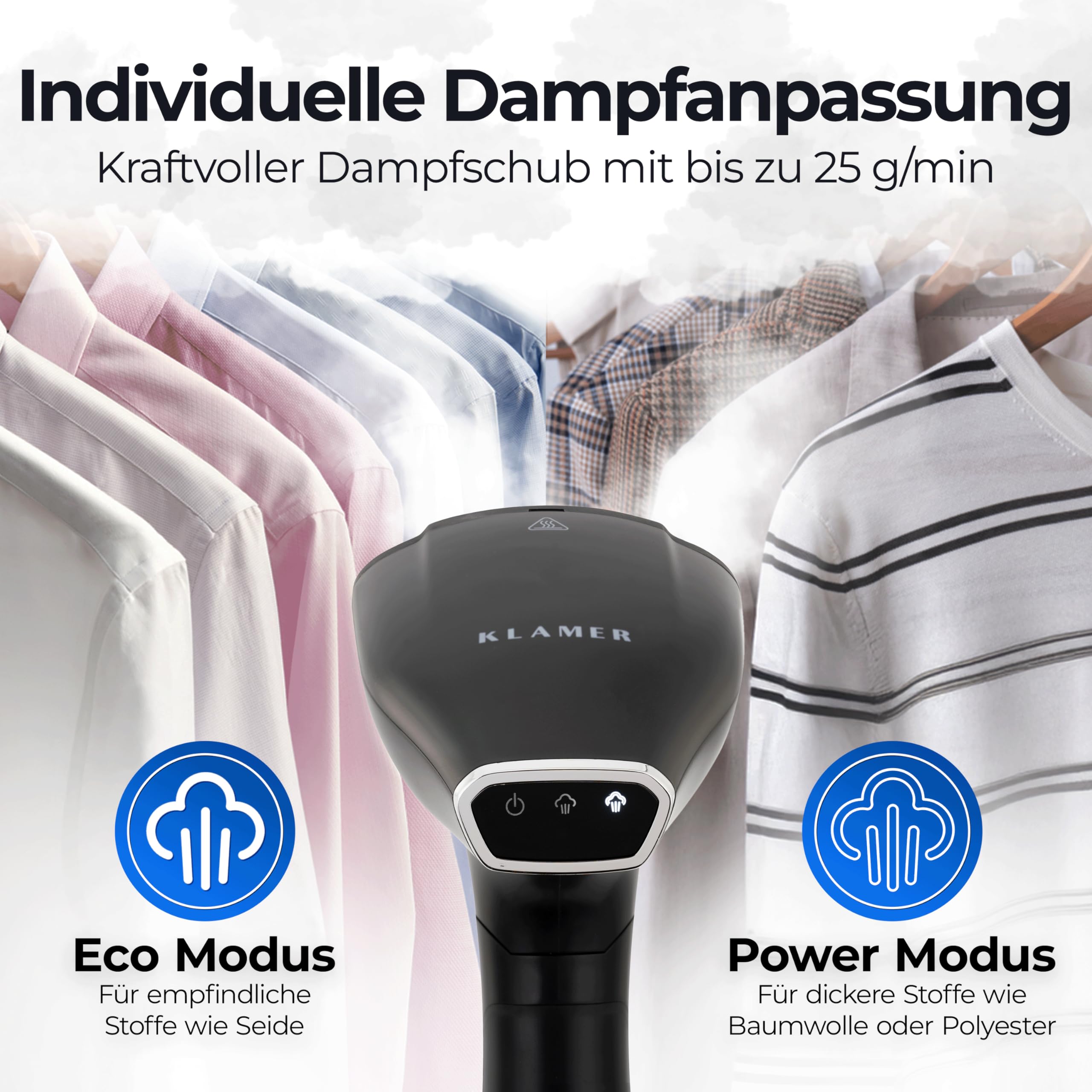 KLAMER Dampfglätter, 280 ml Wassertank, Dampfleistung 25g/min, 1800W, 2 Aufsätze geeignet für alle Stoffe von Seide bis Baumwolle, klappbar für Zuhause, Reisen und Büro