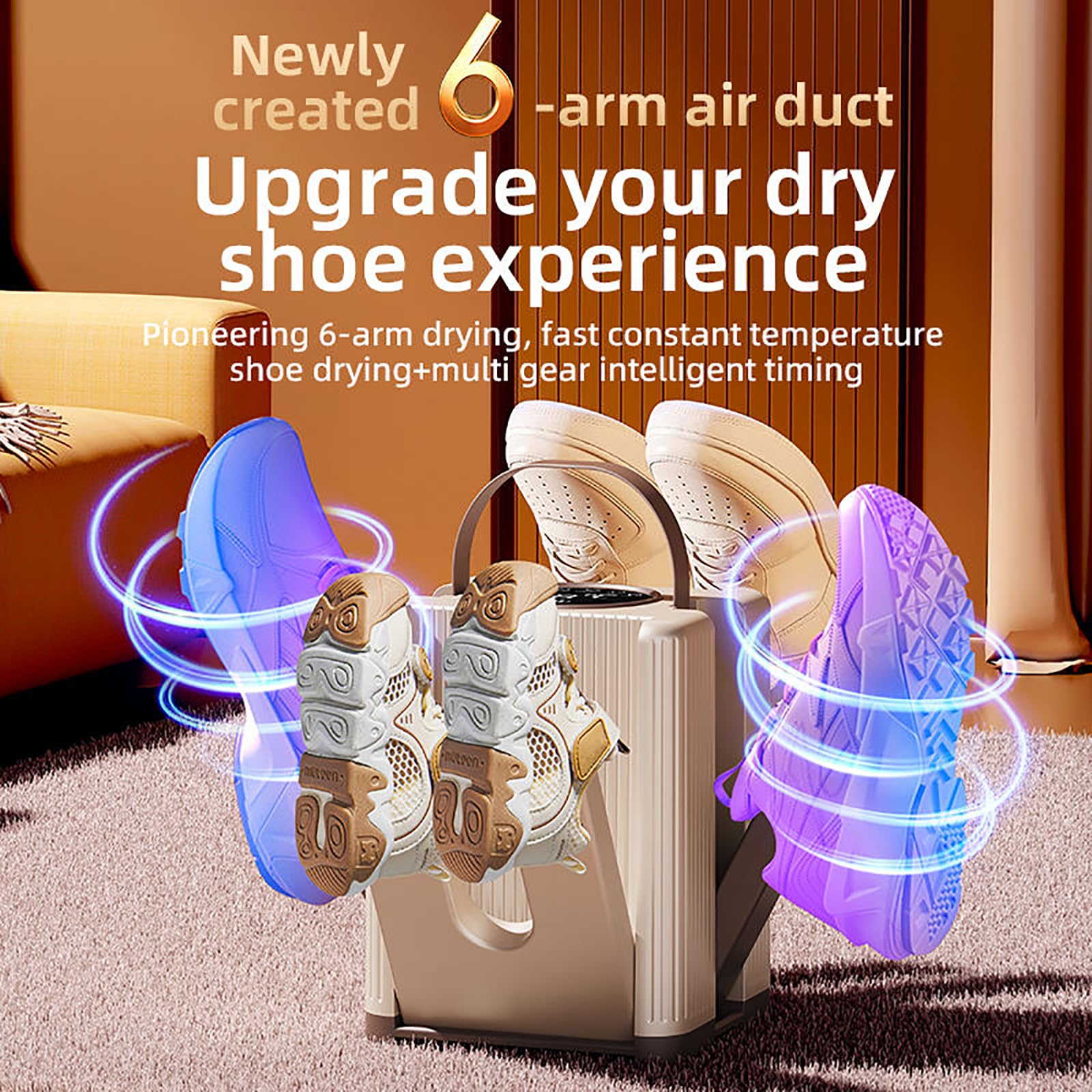 Secador Eléctrico De Botas, Guantes Y Calzado con 6 Brazos Y Panel LCD Digital. Temperatura Constante De 48 °C Y Temporizador De 4 Niveles. Protección Segura. Ideal para El Hogar, Viajes
