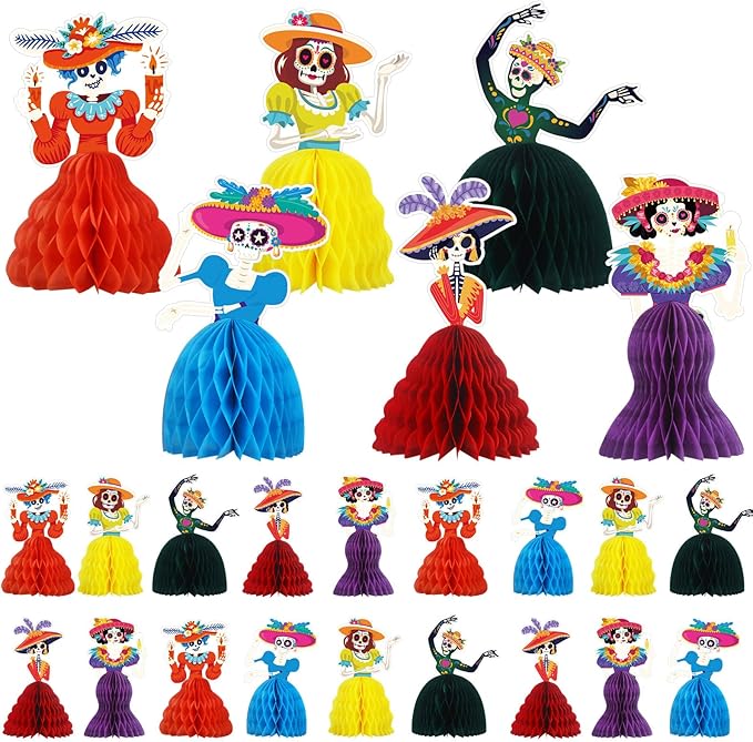 Eersida 24 Pcs Day of the Dead Decorations Dia De Los Muertos Honeycomb Catrina Skeleton Day of the Dead Honeycomb Centerpieces Sugar Skull Table Decors for Halloween Mexican Holiday Party Supplies