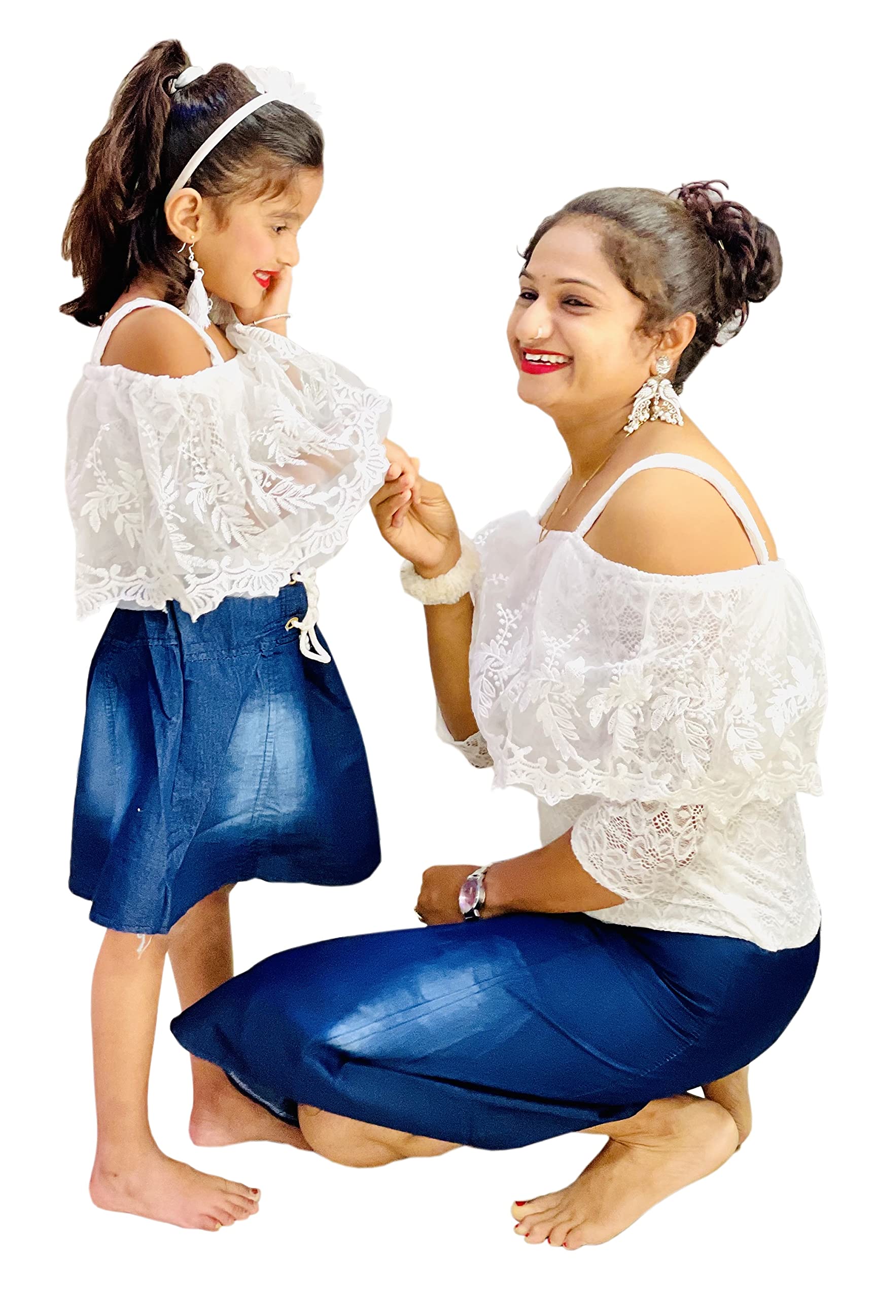 BENKILS Vestido de una pieza para mujer y niña, color blanco y azul, para mamá e hija
