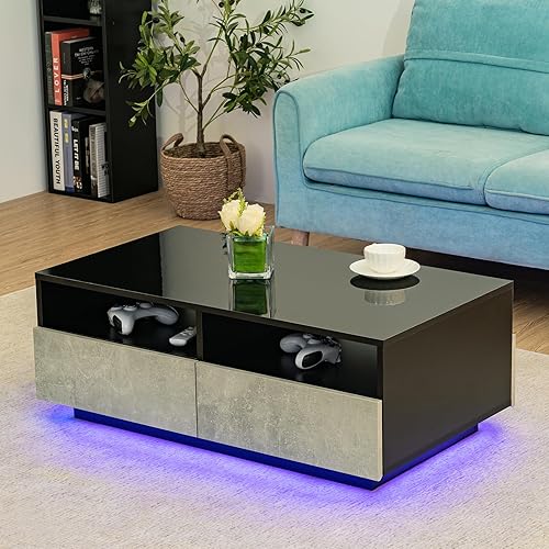 Miniatura 8 de HOMMPA Mesa de centro LED con 4 cajones, mesa central moderna para sala de estar, mesas de centro altas Golssy con sofá de almacenamiento, mesa