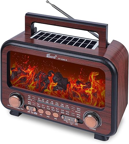 Radio portátil retro AM FM SW Radio de onda corta con altavoz Bluetooth, lámpara de atmósfera de llama, funciona con pilas, carga SUB, tarjeta TF