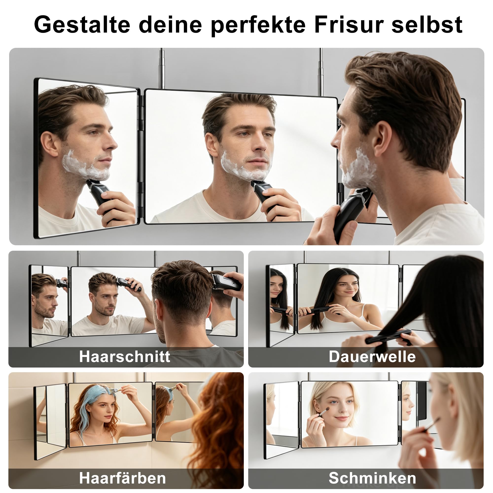Alsonerbay Miroir à 360 degrés - Crochet télescopique réglable - Miroir de coupe automatique pour homme - 3 piques pour couper les cheveux