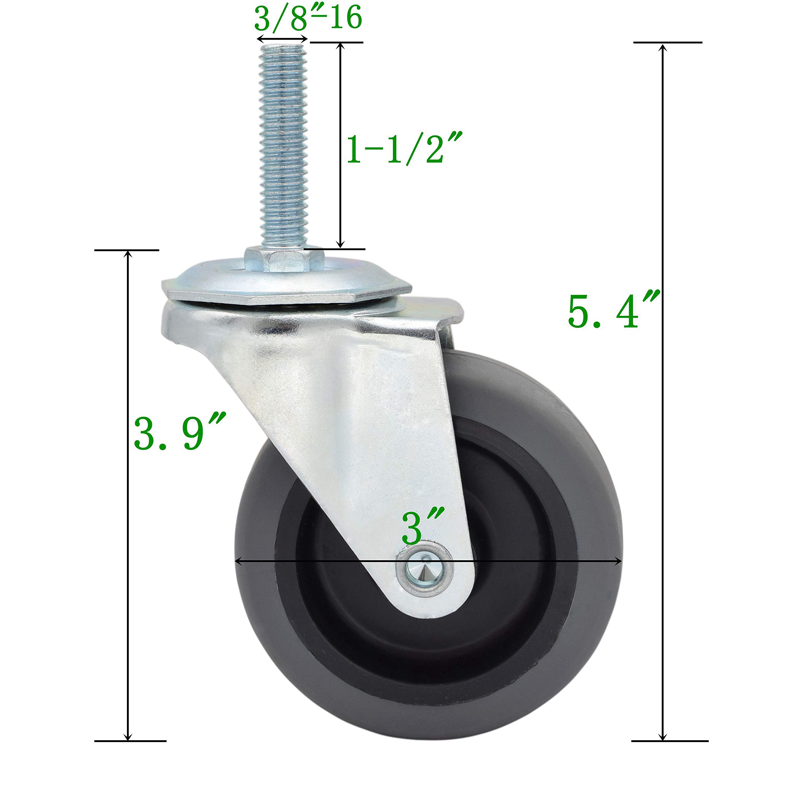 Buy MySit Casters Wheels, 3Inch Threaded Stem TPR Caster 3/8"16 x11/