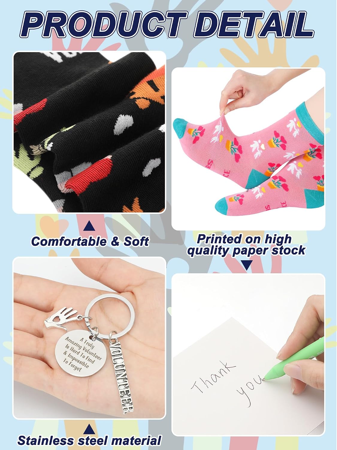 36 Pcs Volunteer Appreciation Gifts Sets Bulk Include Novelty Crew Socks Keychains with Greeting Cards Thank You Gifts for Volunteer Appreciation Month Week Favors Supplies