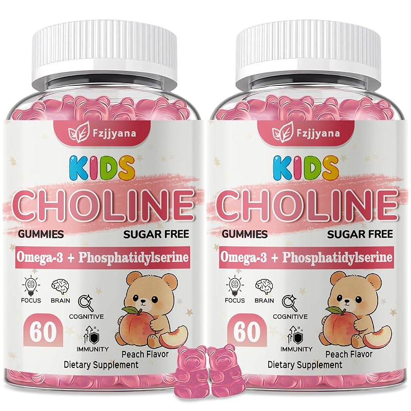 Fzjjyana - Gomas de colina com ômega-3 (DHA e EPA), fosfatidilserina e vitaminas D3, B6 e B12 - 120 gomas (pacote com 2)