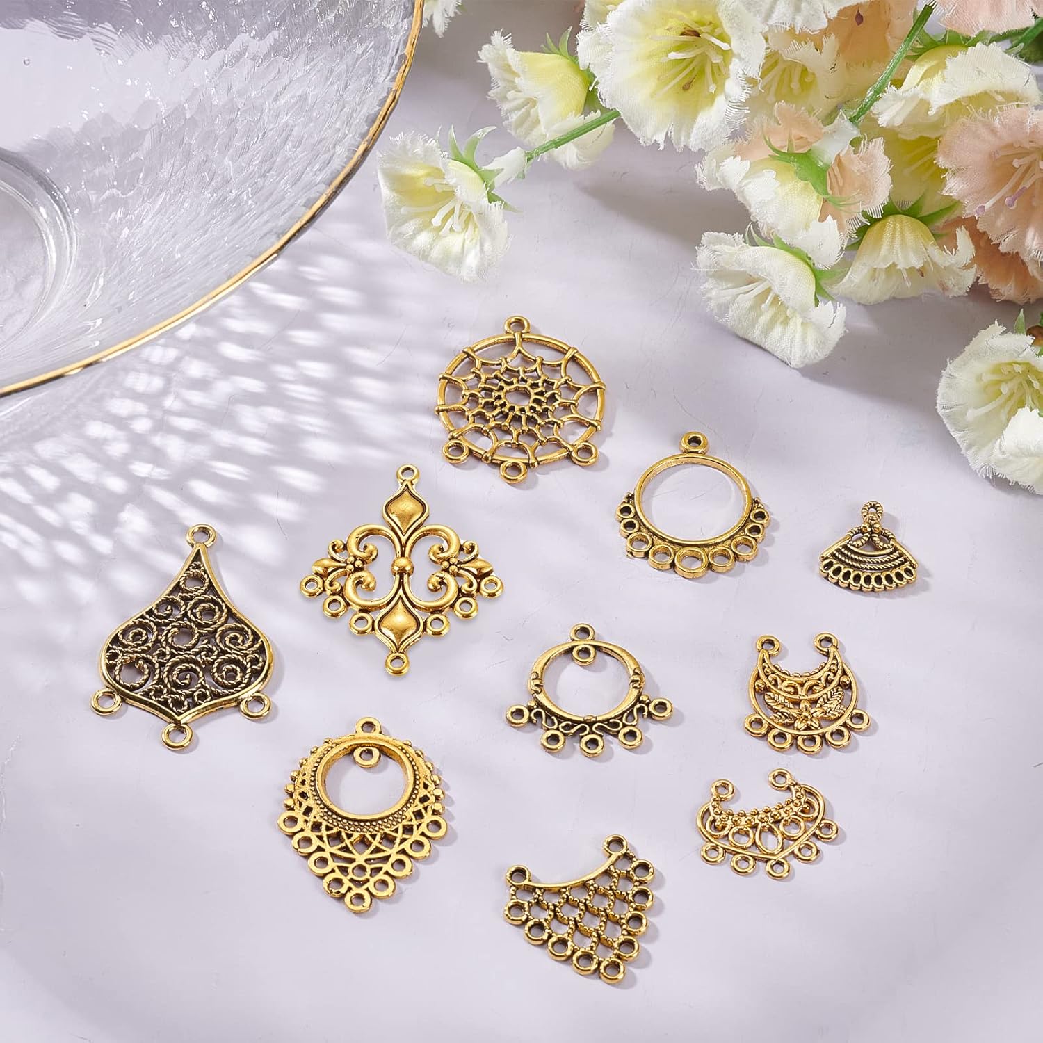SUNNYCLUE 1 Box 10 Styles Chandelier Connector Charms Component Links Alloy Hollow Filigree Pendants Flat Round Teardrop Triangle Shape for Jewelry Making Earring Supplies,Antique Gold - Image 4