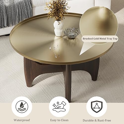 Miniatura 4 de ACEDÉCOR Mesa auxiliar redonda, mesas de centro de 30 pulgadas con bandeja de oro cepillado y base de madera de nogal maciza, mesa central para sala