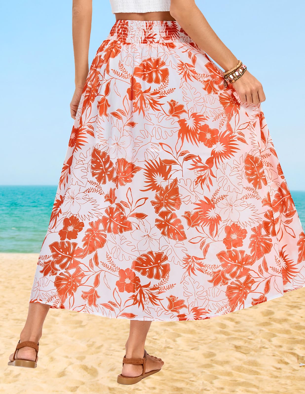 Kate Kasin Jupes pour femmes - Jupe maxi smockée taille haute - Motif floral bohème - Jupe de plage trapèze avec fente 2025