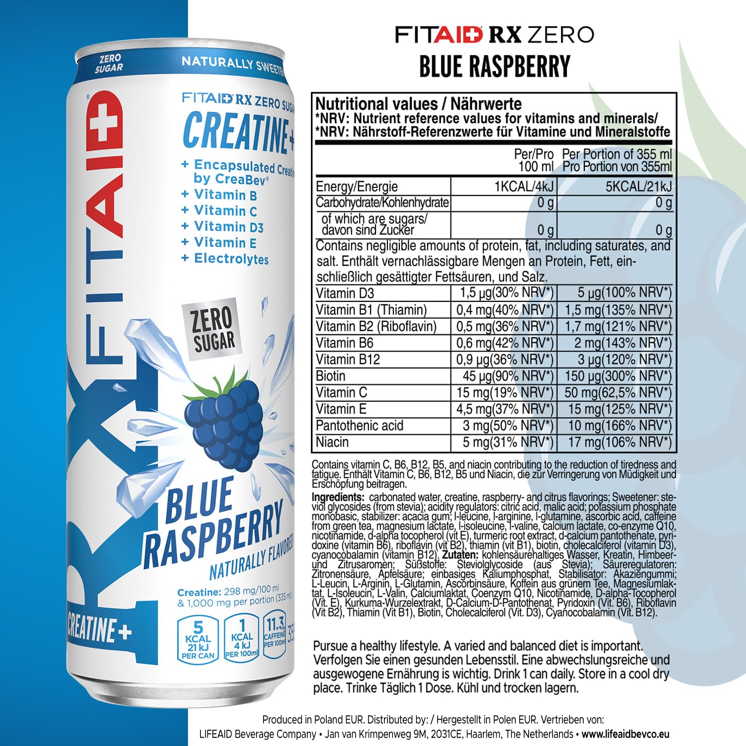 FITAID RX Blue Raspberry Zero Clean Creatin Recovery Sport Drink & Hydration Helper – Regenerationsgetränk mit Kreatin Monohydrat BCAA Elektrolyte ohne Zucker Kurkuma Vitamine Quercetin CoQ10 24x355ml