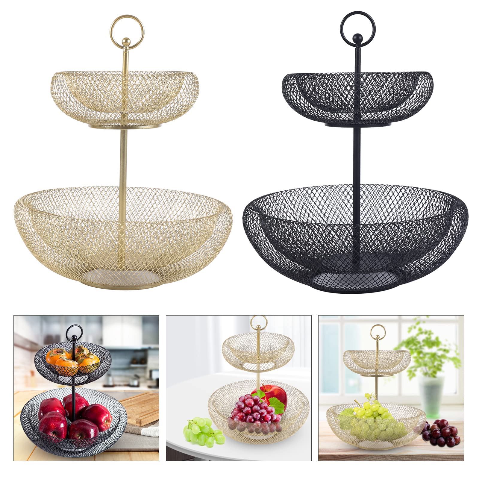 SailorMoon Cesto per frutta a 2 ripiani, portata 10 kg, in ferro, pratico cestino per frutta, per feste, matrimoni e uso in cucina, nero