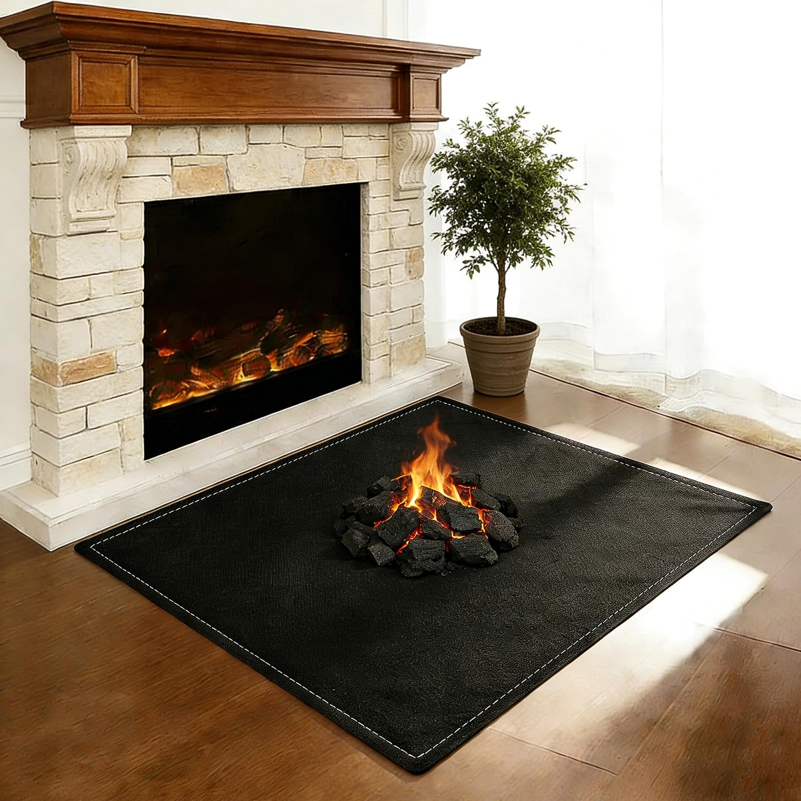 Fireproof Fireplace Mat Fire Resistant, 96 x 96cm Hearth Rugs for Fireplaces, Hearth Pads for Wood Stove Fireplace Indoor Outdoor, Protects Floors from Sparks Embers with Storage Bag (Black, Square)