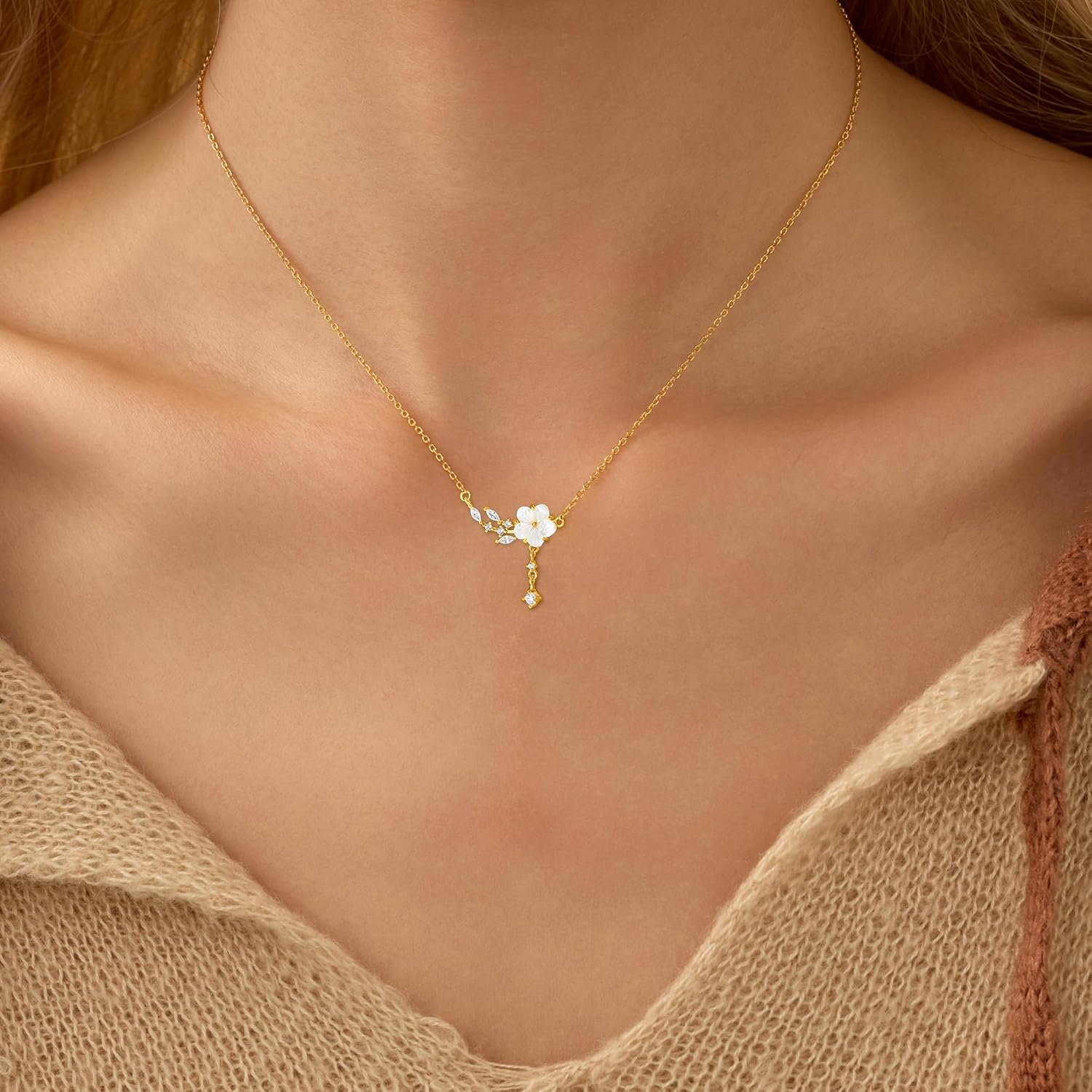 925 Sterling Silver Cherry Blossom Necklace for Women Mom Pink Jewelry 14K Gold Plated Cute Birth Month Enamel Flower Pendant Necklace Floral Artificial Stone Pearl Chain Valentines Day Jewelry Gifts - Image 4