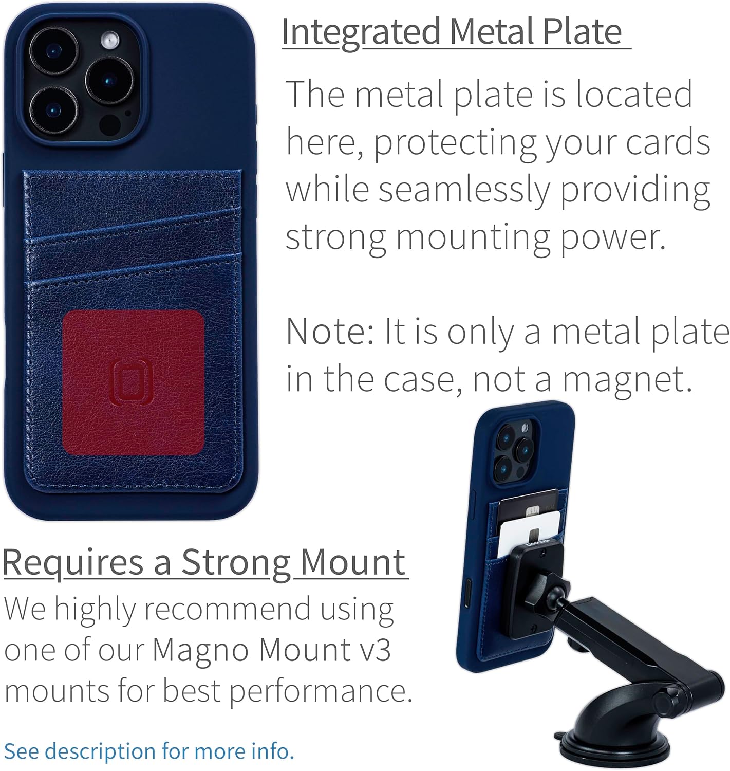 Dockem Card Case for iPhone 16 Pro Max with Liquid Silicone Shell, Built-in Metal Plate for Magnetic Mounting & Stitched-on Synthetic Leather Wallet with 2 Credit Card Slots (M2L SI, Navy Blue)