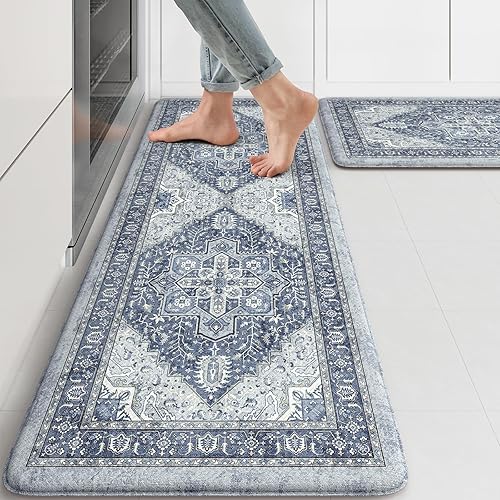 Vista 283 de KIMODE - Juego de 2 tapetes de cocina antifatiga, estilo vintage, antideslizantes, impermeables, ergonómicos, acolchados, cómodos para lavandería