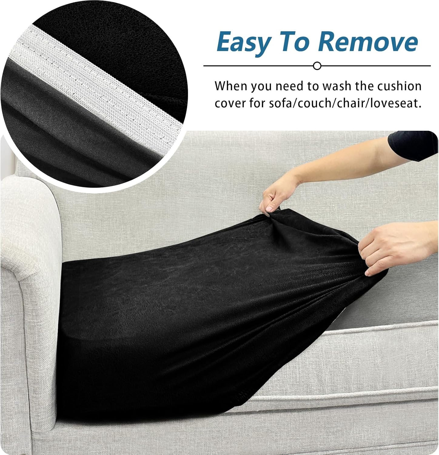 Couch Cushion Cover Leather-Look 1PC Stretch Sofa Seat Slipcover for Living Room Individual Sofa Cushion Cover Couch Seat Protector, Pet-Friendly, Non-Slip, Easy Fit - Black