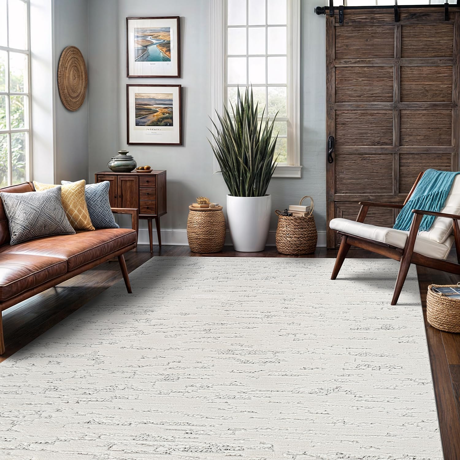 Indoor Area Rug 5x7 White Polyester Indoor Rugs Abstract Soft Loop Easy Clean Carpet for Living Room Bedroom Dining Room Hallway Office Entryway (5 X