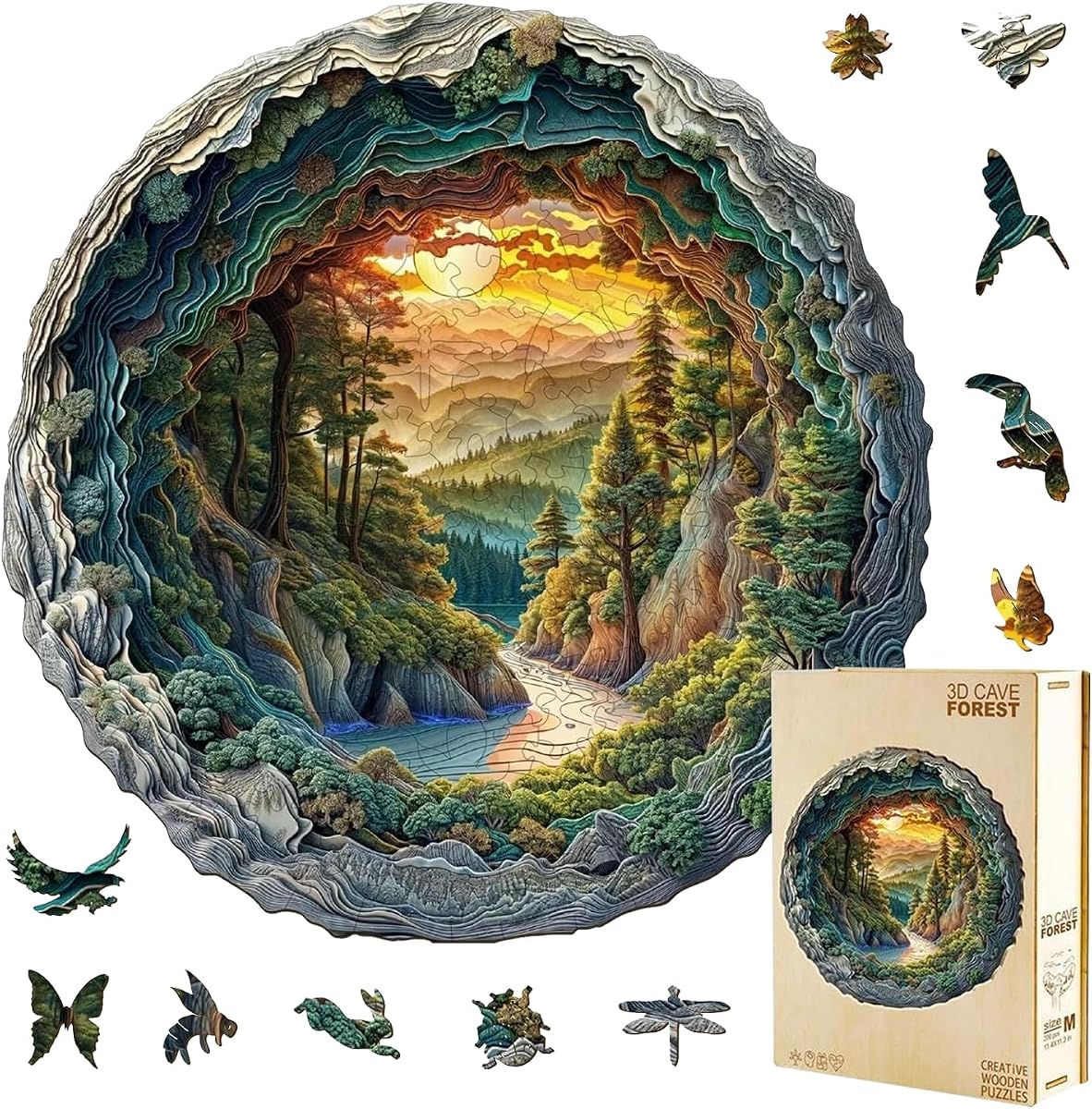Wooden Puzzles, 3D Cave Forest Puzzle 200 Pieces, Unique Animal Shaped Wood Challenging Jigsaw Puzzles Gifts for Adults, 11.4x11.3in