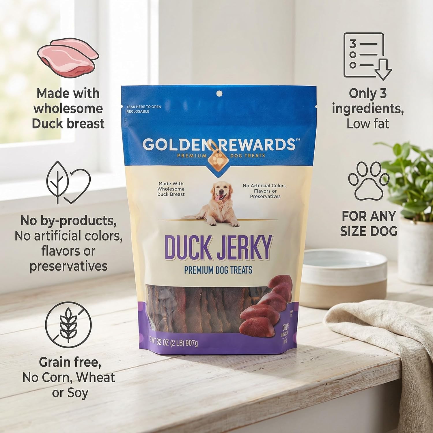 Duck Jerky Dog Treats – 32 oz, Real Duck Breast, Grain Free Dog Treats for Small, Medium, and Large Dogs, Rawhide Free Chews, Low Fat, Only 3 Ingredients, No Corn Wheat or Soy (Pack of 1)