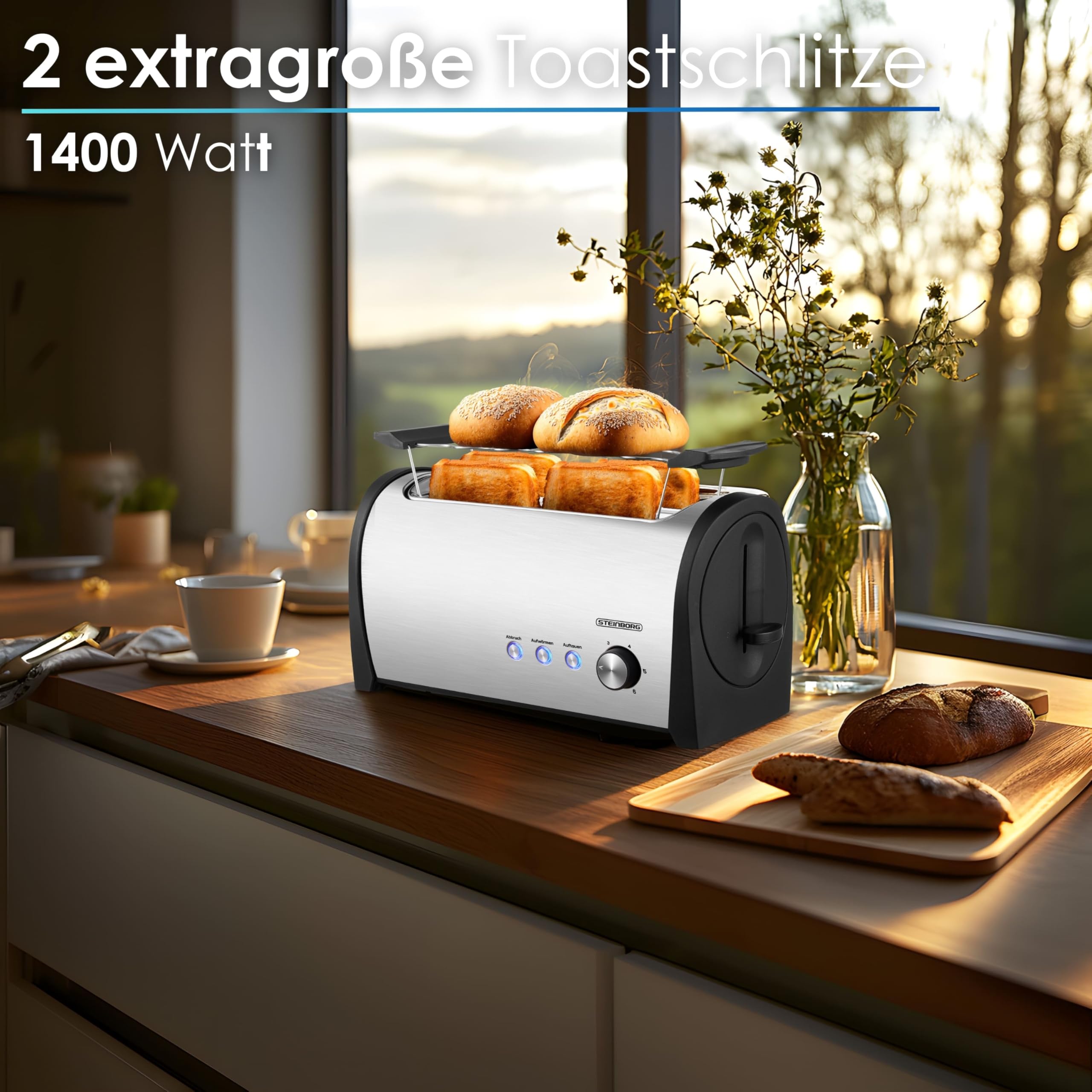 Steinborg - Tostadora de 4 rebanadas con rejilla para bollería XXL de acero inoxidable, luz LED azul, apagado automático, doble ranura para tostadora familiar